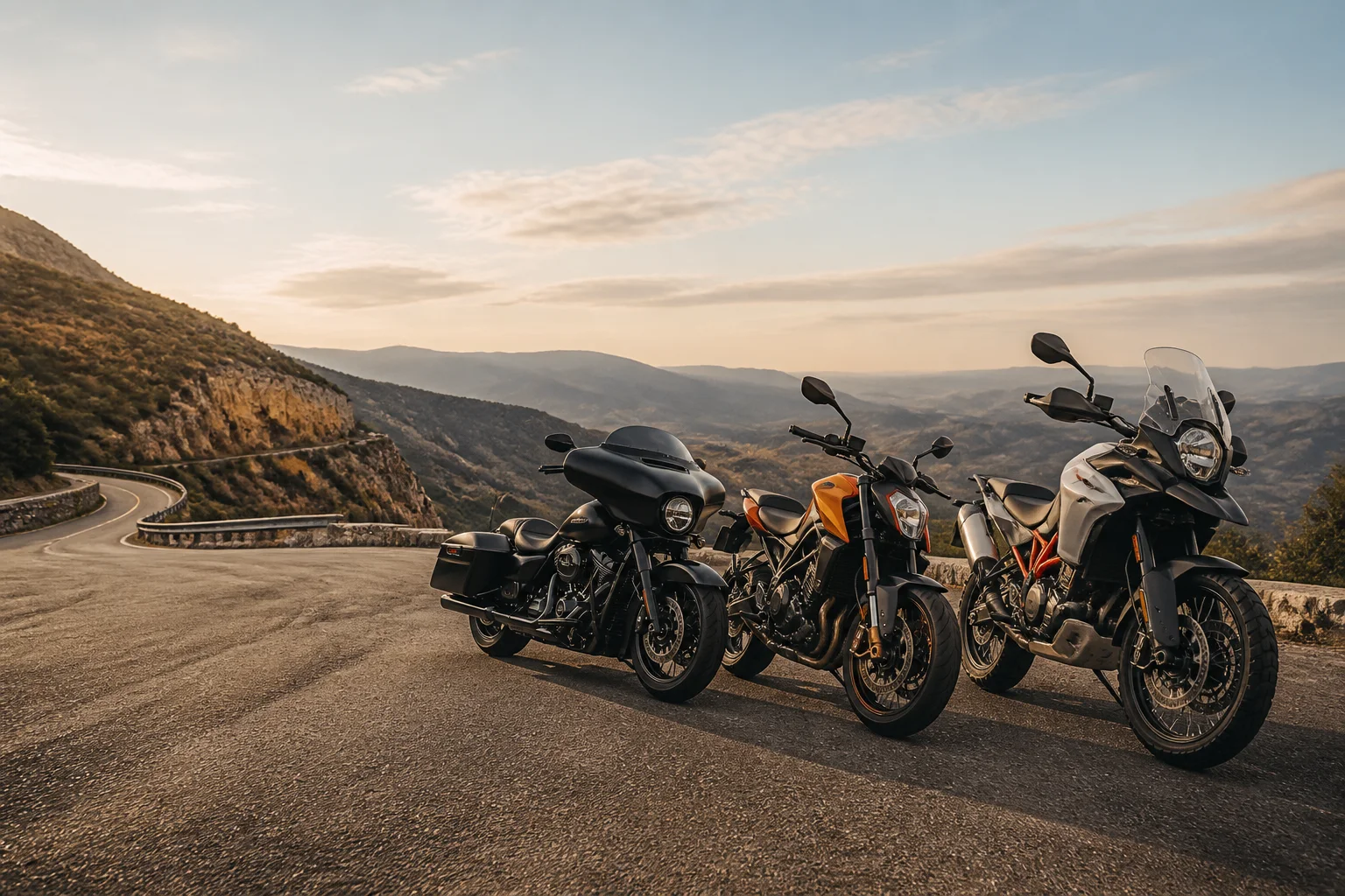 Three motorcycles at a scenic highway overlook